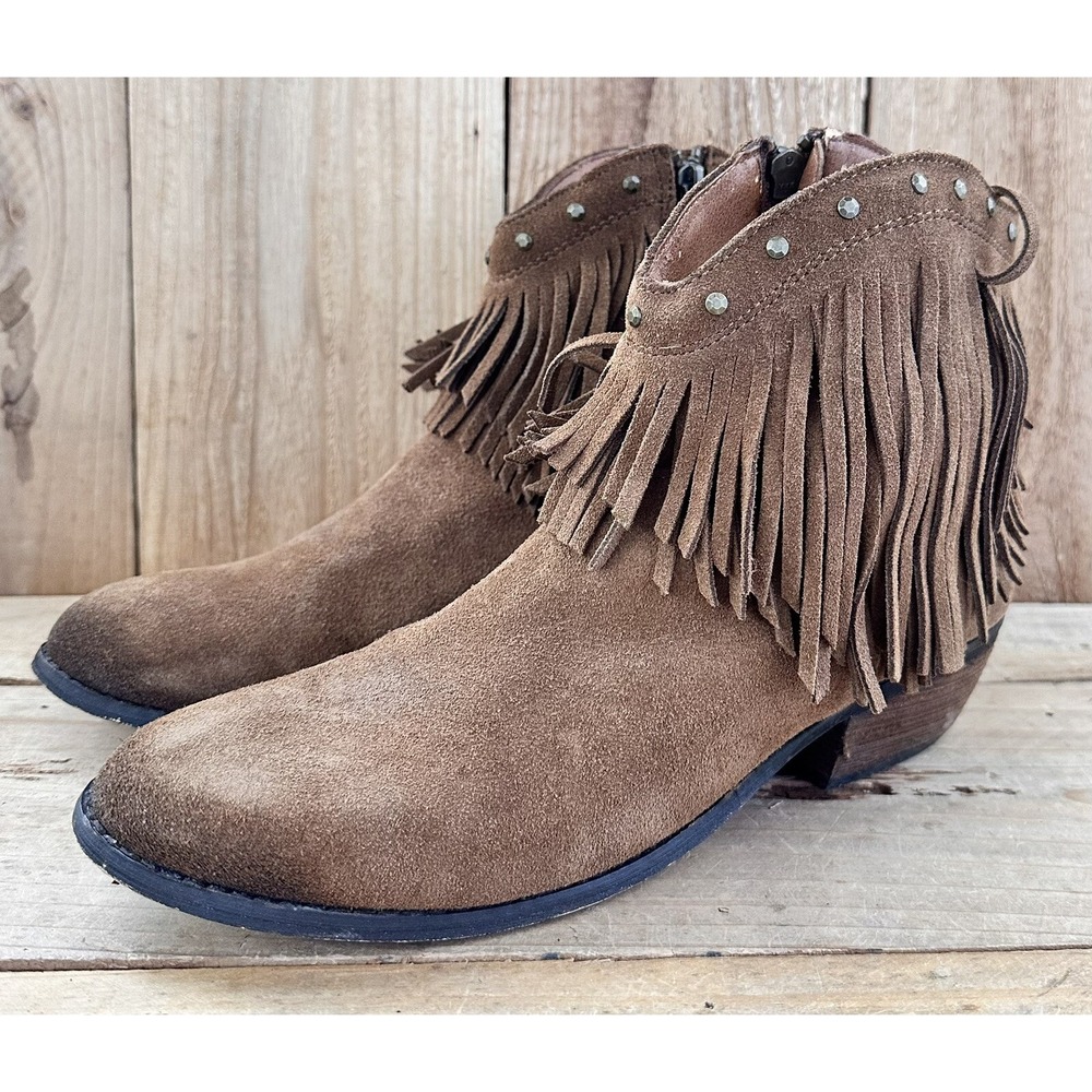 Minnetonka Suede Fringed Ankle Boots BOHO Studded Women's 8 HOBO Festival Brown